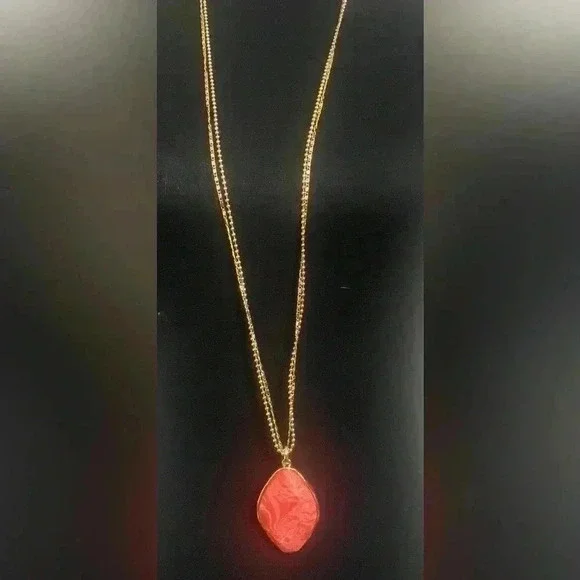 Style & Co Orangish Oval Stone Double Chain Pendant Necklace, 38" + 3" extender - Picture 2 of 5